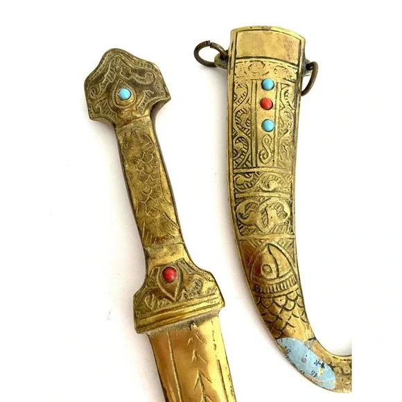 VTG Antique Nazareth Brass Engraved Fish Men Jewels Knife 4” Blade With Casing